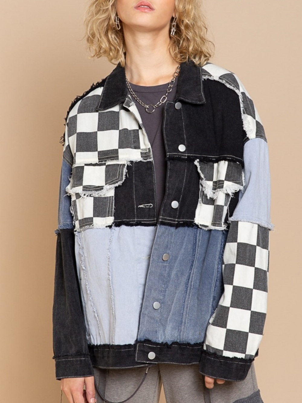 POL Oversized Patchwork Multi Checkerboard Denim Jacket S